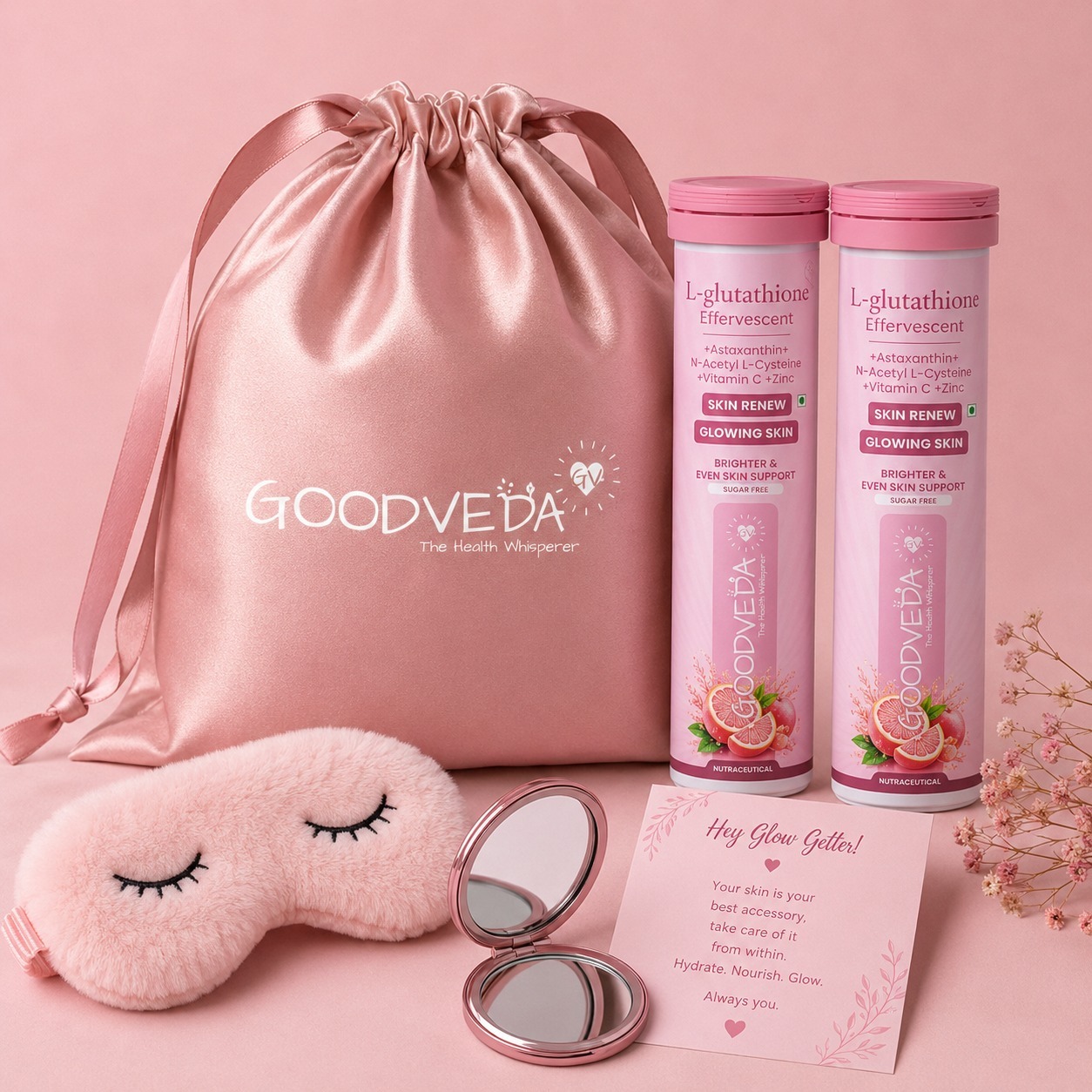 GoodVeda L-Glutathione effervescent 2-tube pack with satin pouch, silk sleep mask and mirror